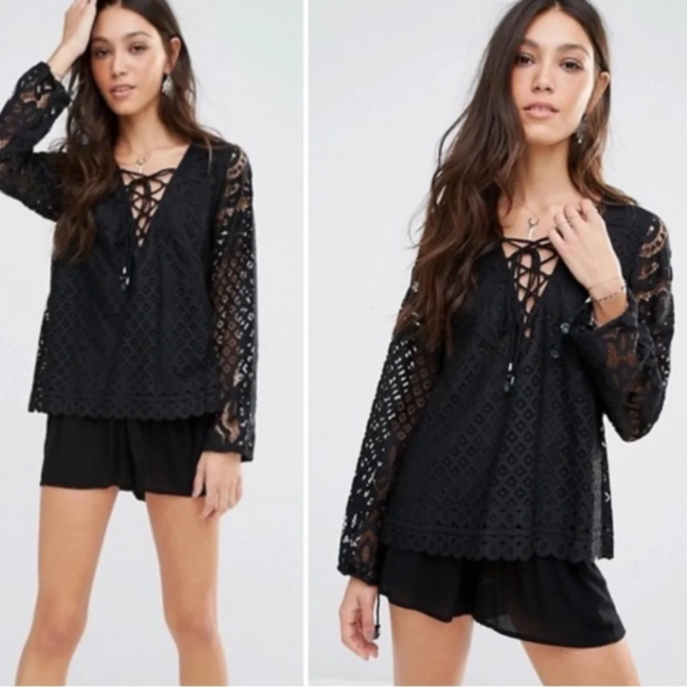 NWT REVOLVE Tularosa Black Lace Puff Long Sleeve with Tie Details Top- S